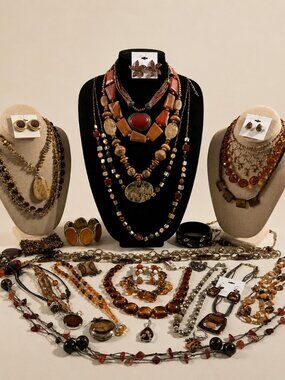 💎Boho Earth Tone Statement Jewelry Lot | Amber Brown Beaded Necklaces, Earrings